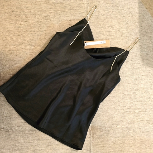 Do+Be Cowl Neck with Rhinestone Straps, Satin Rich Black Top Sz Small - Picture 3 of 7